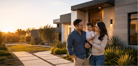 Young family on the porch of a newly built modern farmhouse