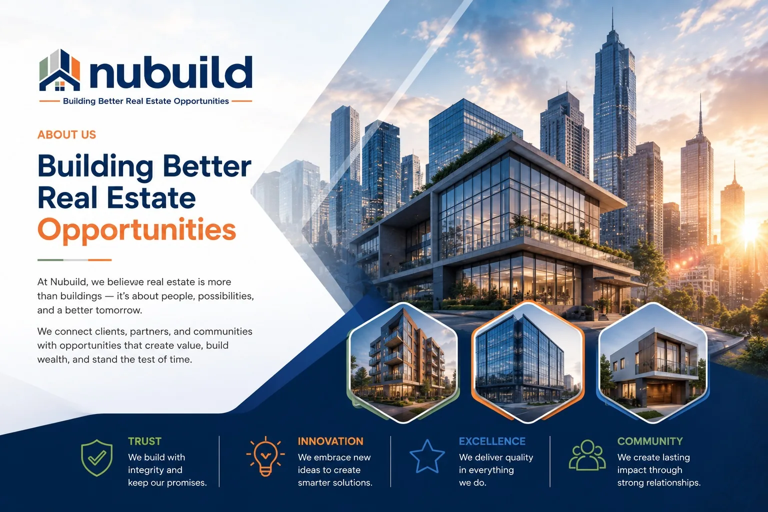 Nubuild About Us graphic — modern glass office building against a city skyline at sunset with Nubuild's Trust, Innovation, Excellence, and Community values