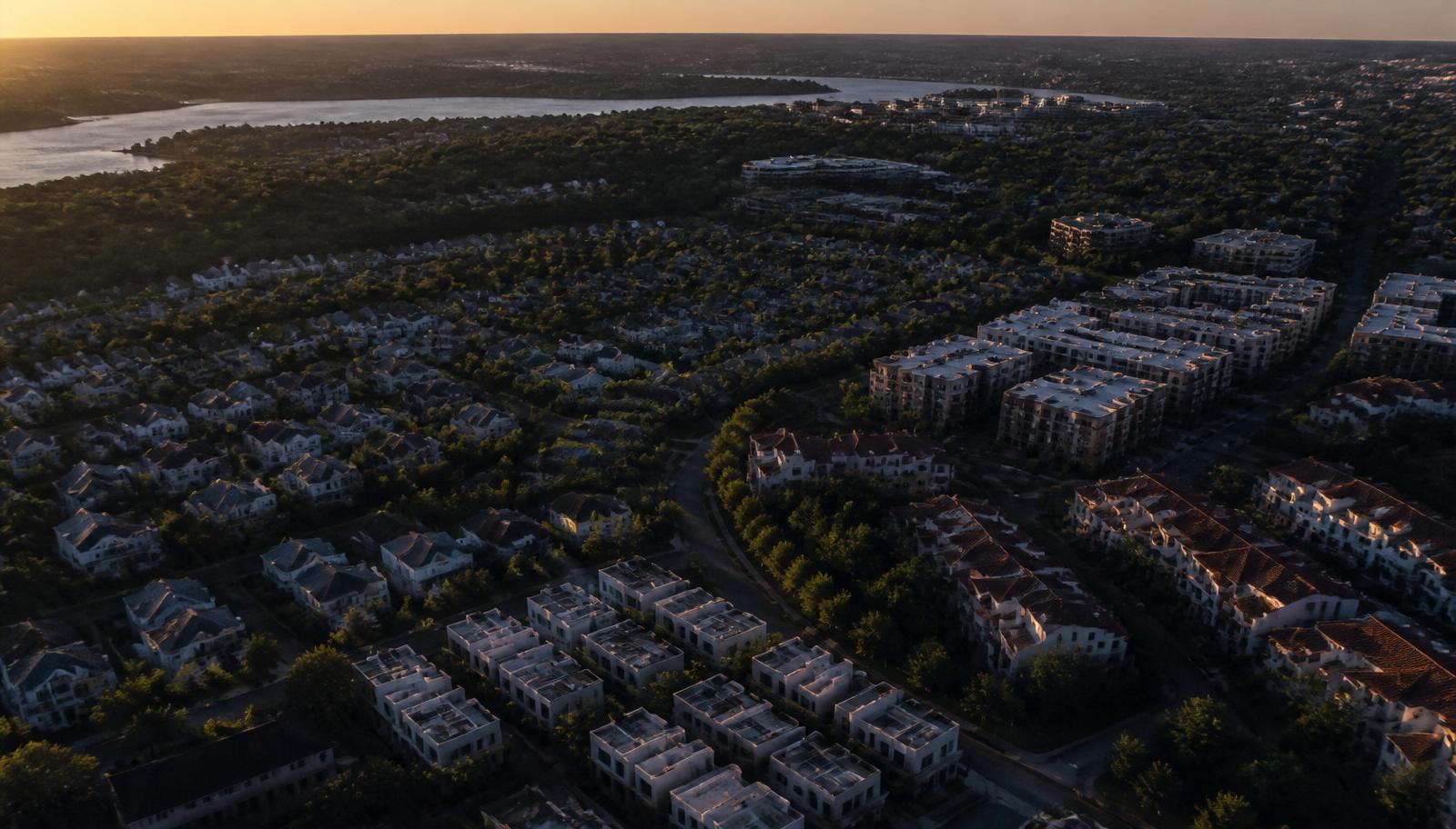 Aerial view of residential portfolio at golden hour