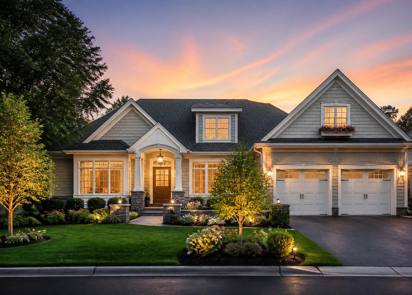 Well-presented residential home at dusk with warm interior lights