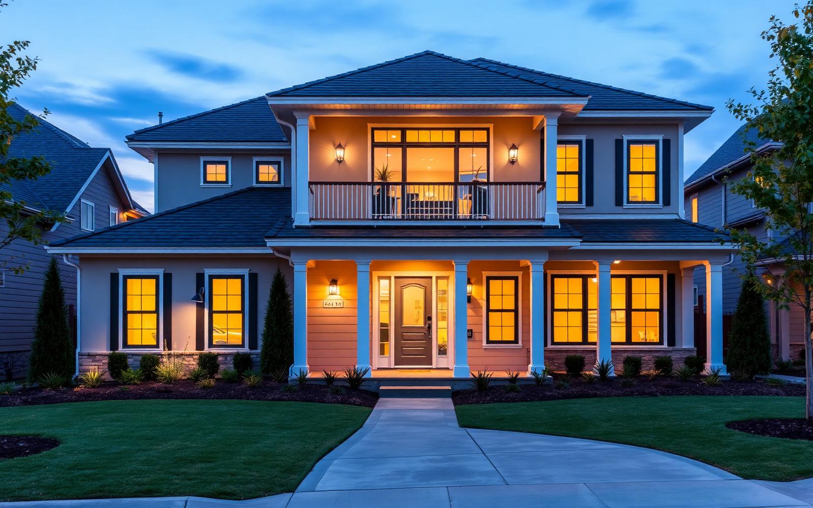 Modern newly built home at dusk with warm interior lighting