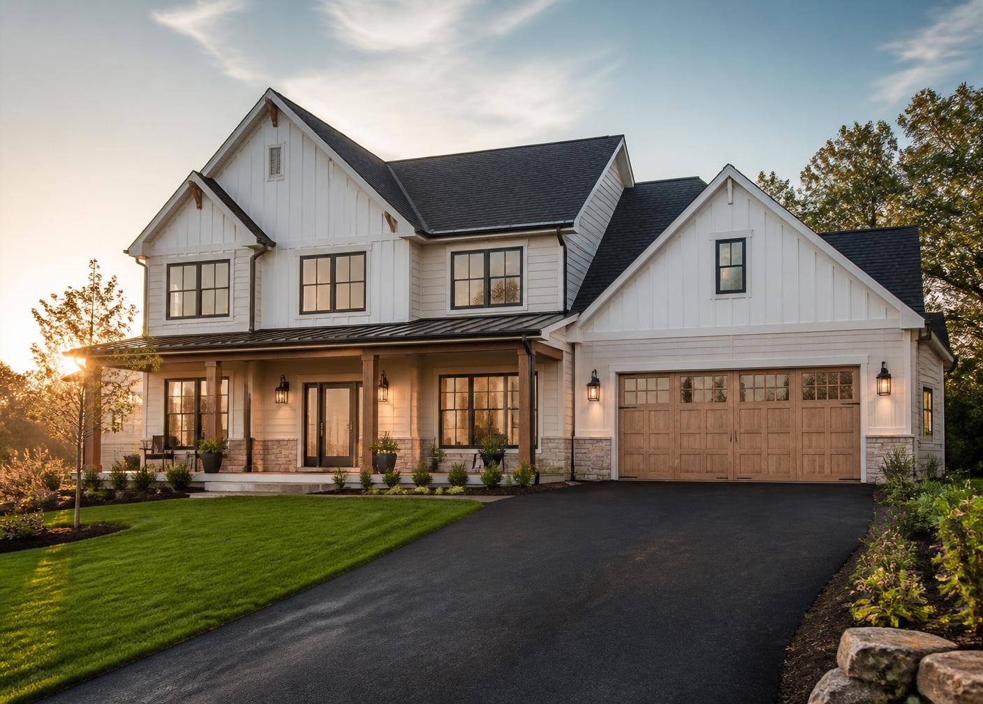 Modern new construction home at golden hour