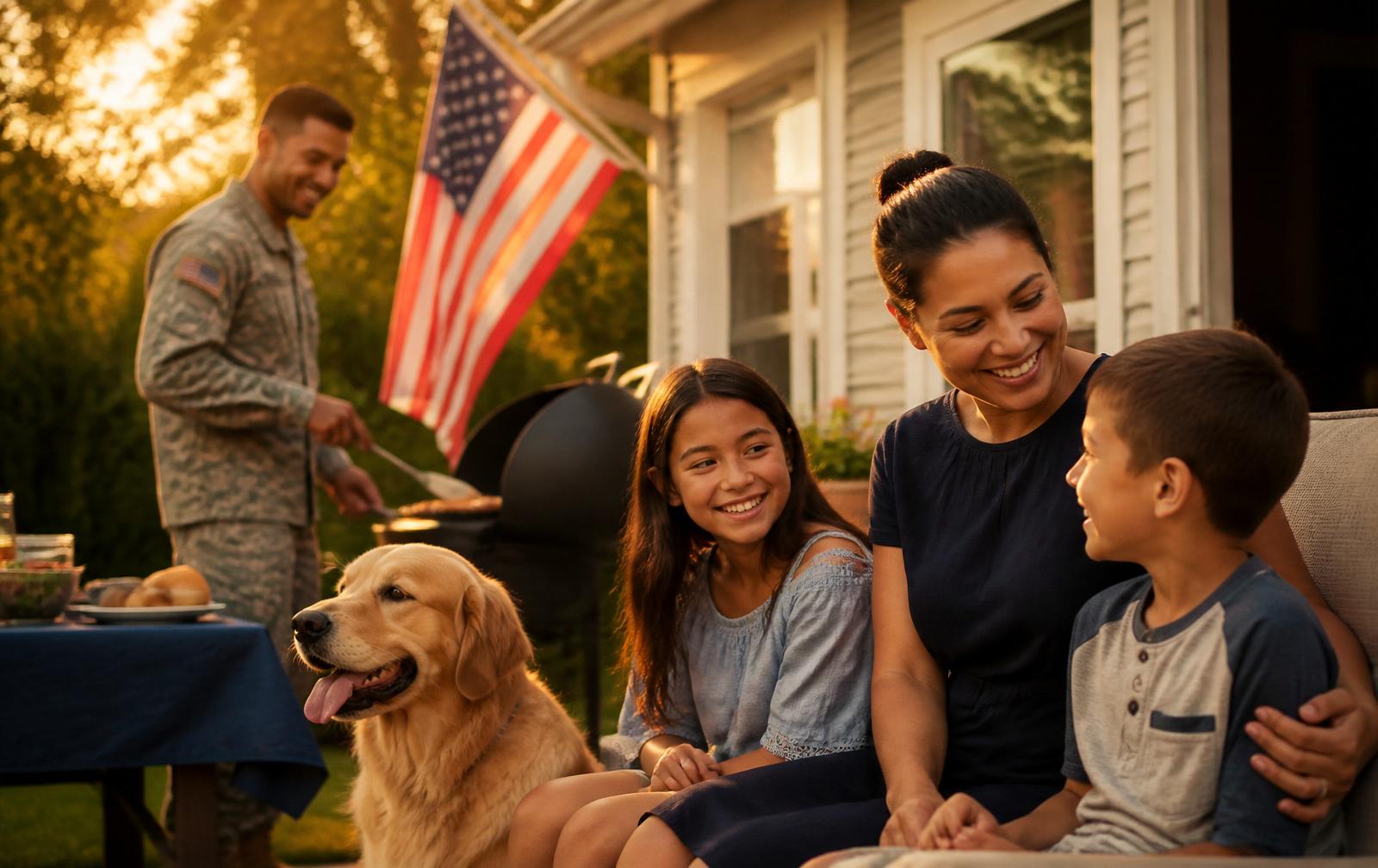 Veteran family enjoying a backyard gathering with a subtle American flag