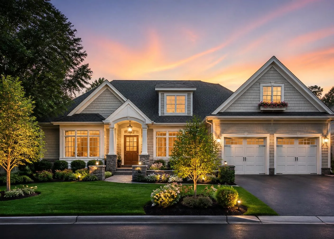 Well-presented residential home at dusk with warm interior lights
