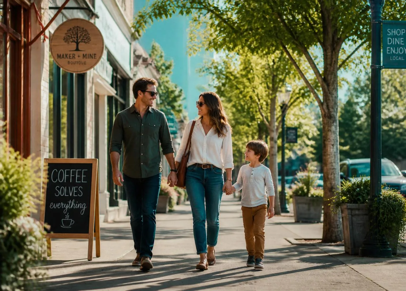 Family exploring a warm walkable neighborhood in a new town