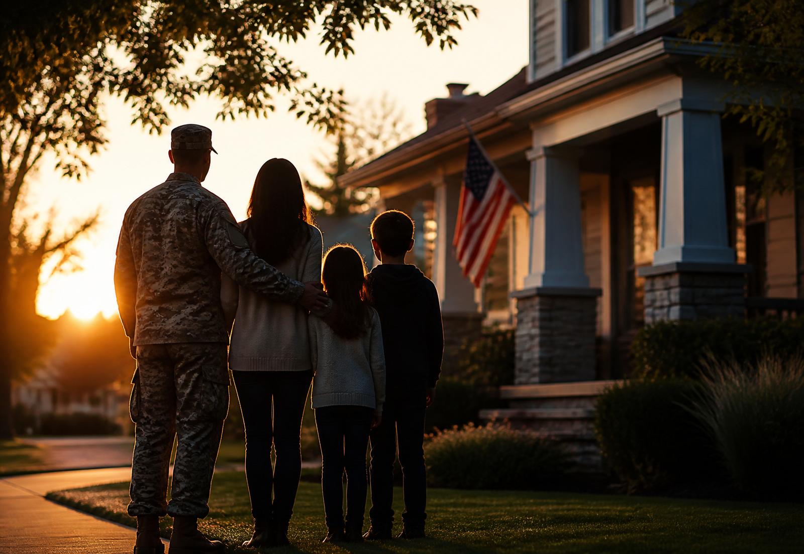 A military family in front of a welcoming home at dusk
