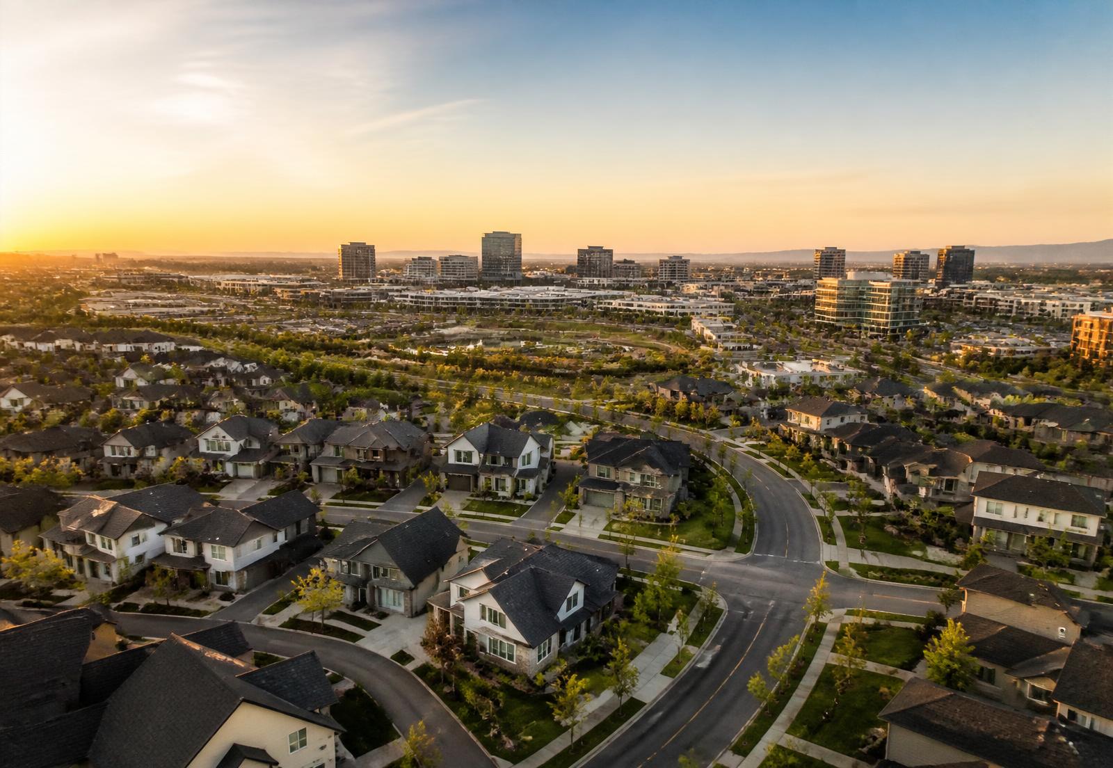 Aerial view of a Nubuild market: residential neighborhoods leading to a city skyline