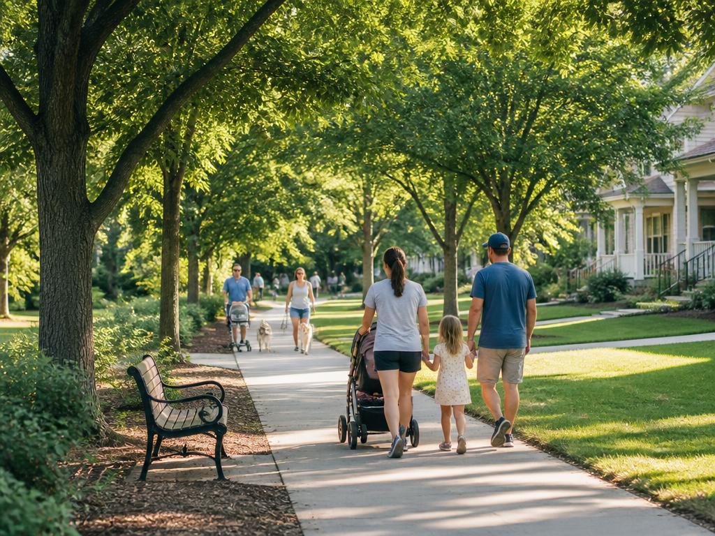 Tree-lined neighborhood path with families walking in the Charlotte area