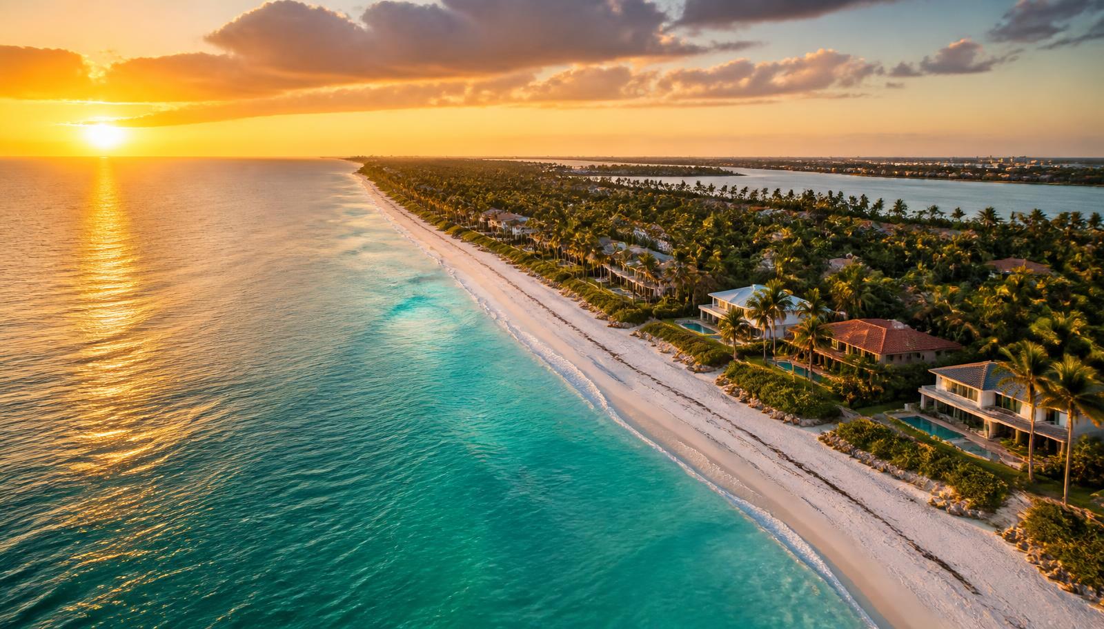Aerial view of a Florida coastline at sunset with turquoise water and palms