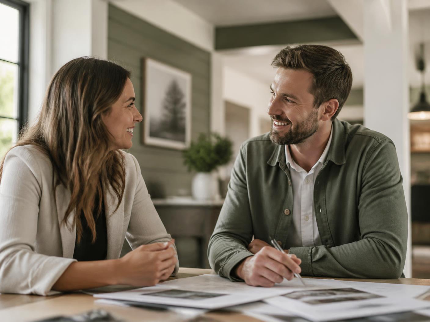 Two Nubuild real estate professionals in conversation over a project plan