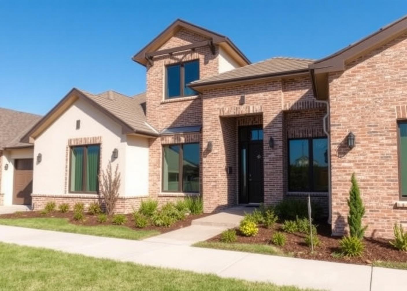 Newly built brick and stucco Texas home exterior with fresh landscaping