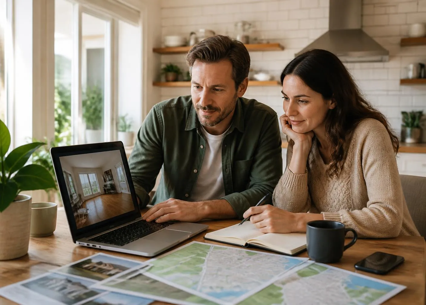 Relocating couple planning a remote home search at a kitchen table