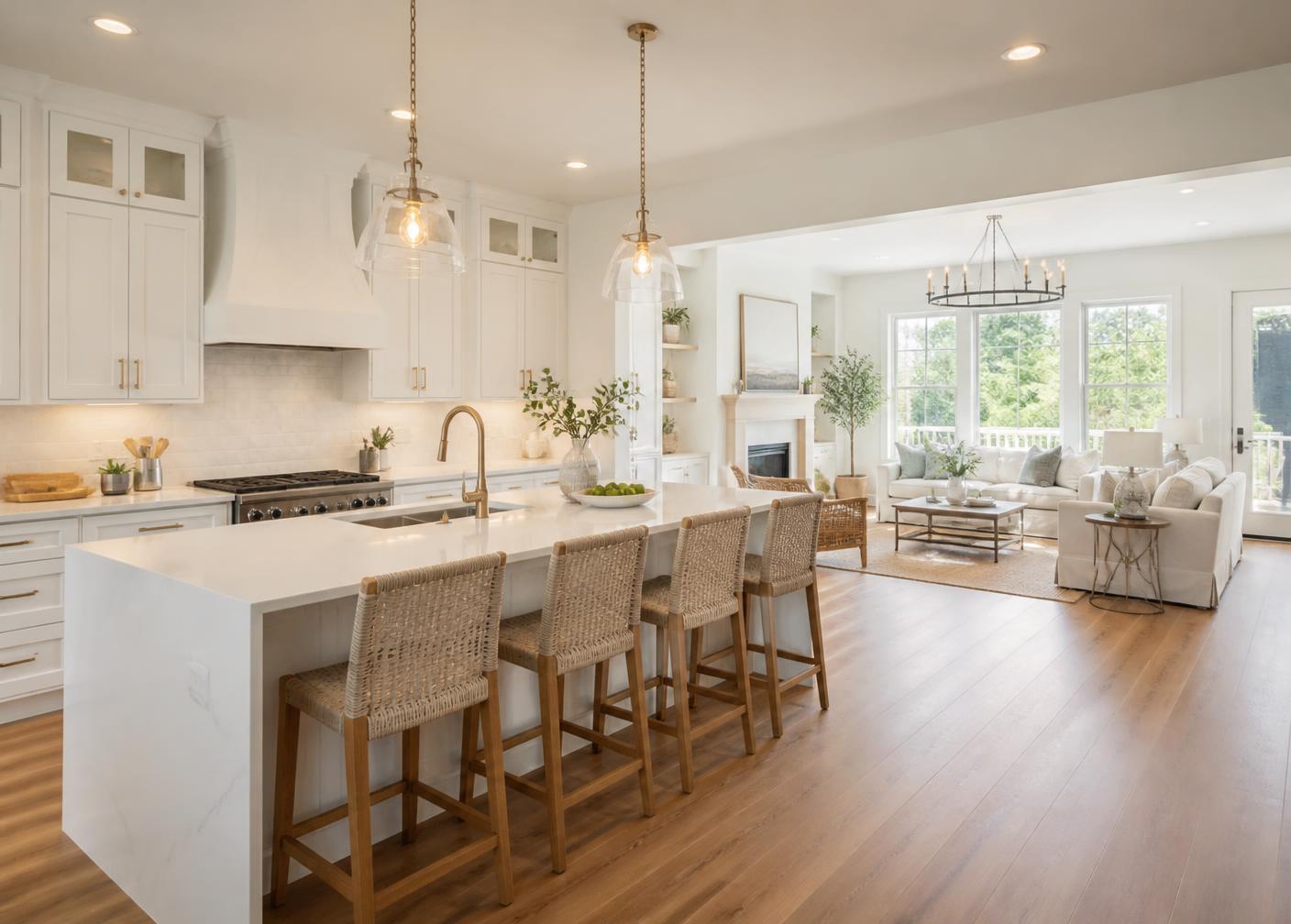 Interior of a newly built home with an open kitchen and living area