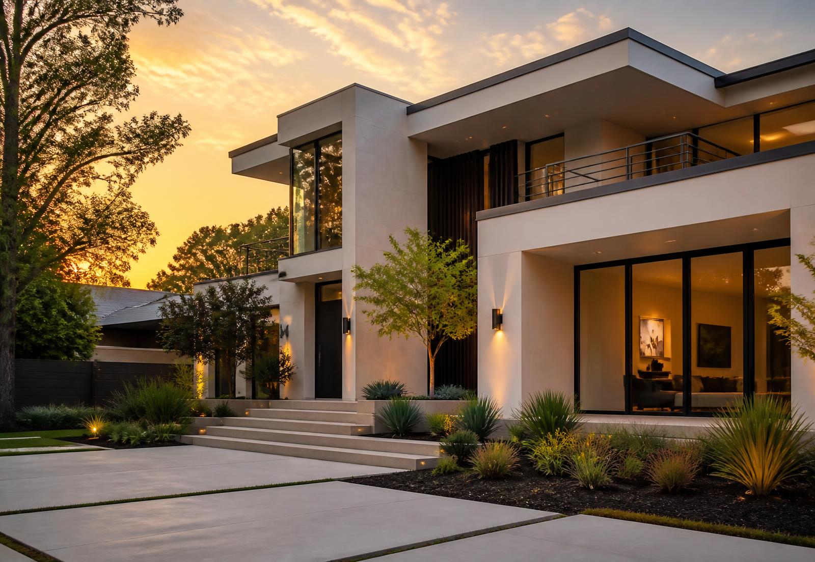 Sophisticated modern new-home residence at golden hour.