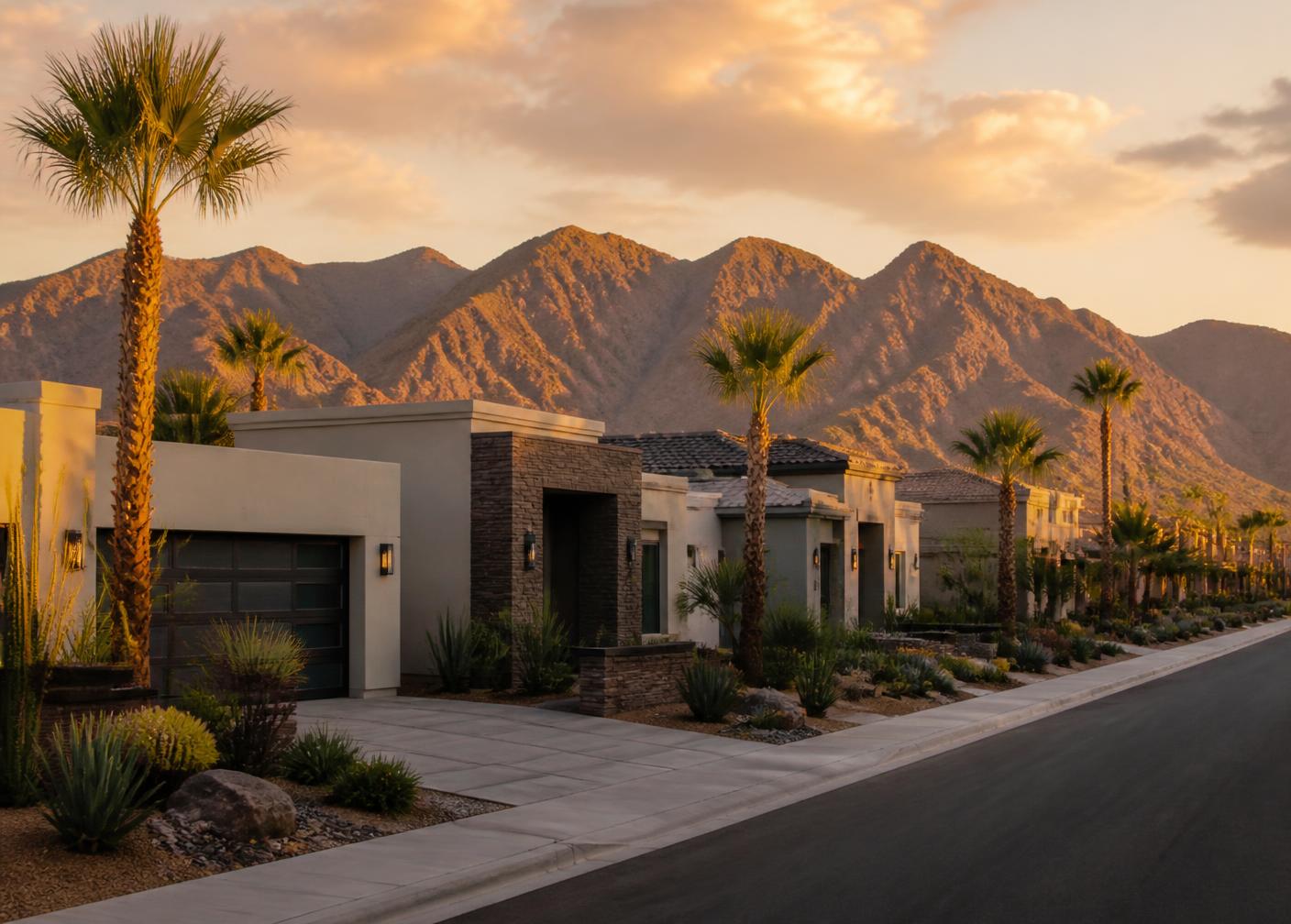 Phoenix-area residential street with modern desert homes, palms and mountains at golden hour