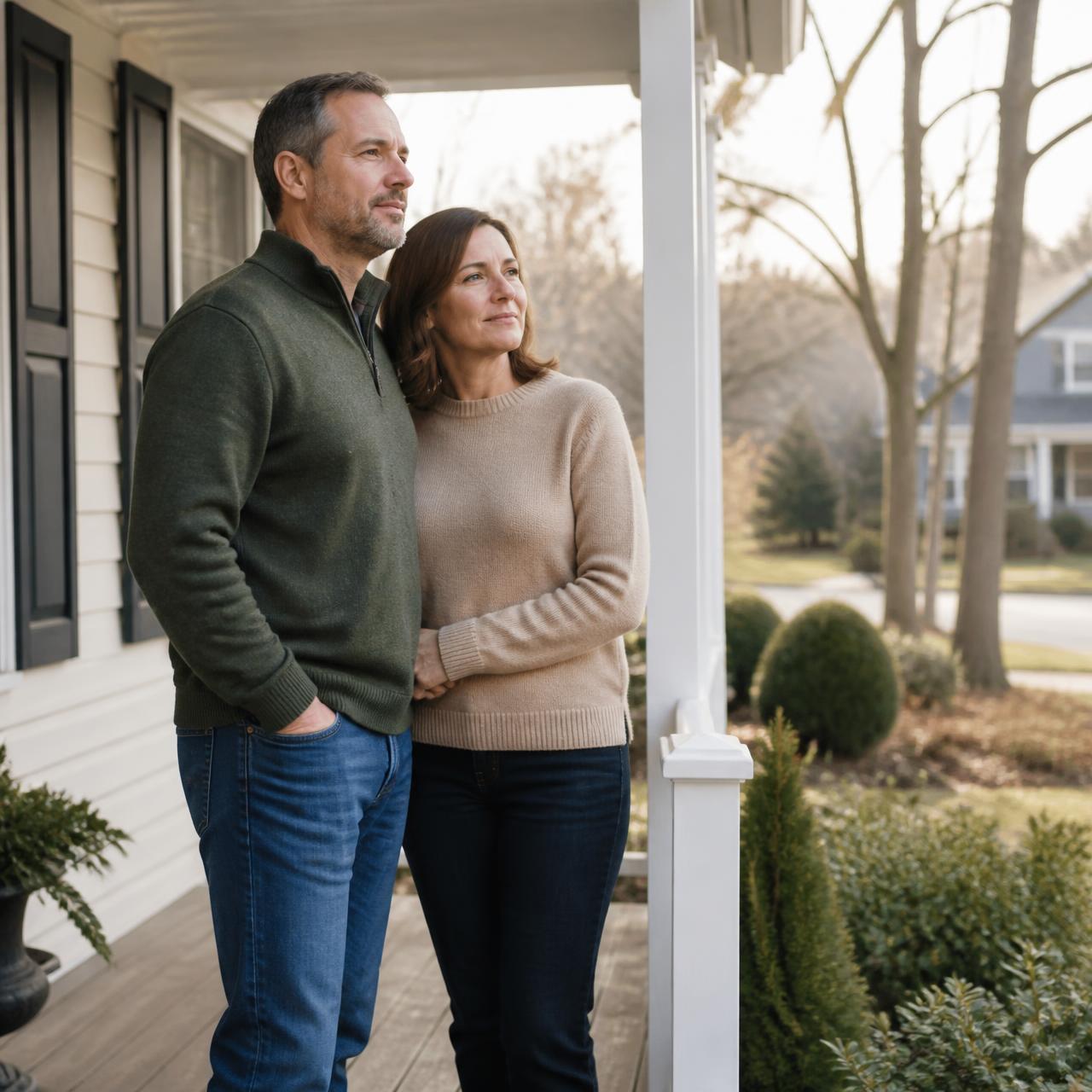 Couple standing on the porch of their current home, planning their next move