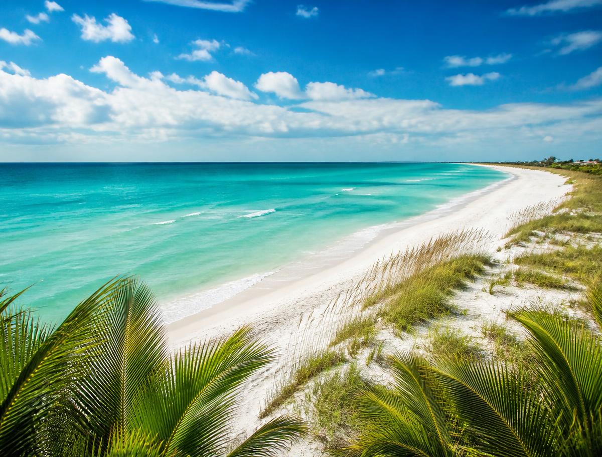 Florida beach with clear water and palm trees