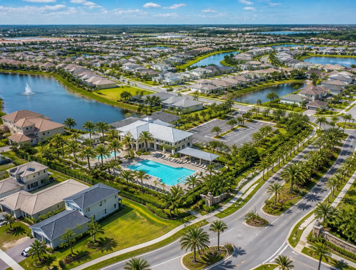 Florida master-planned community with homes, palms and walking paths