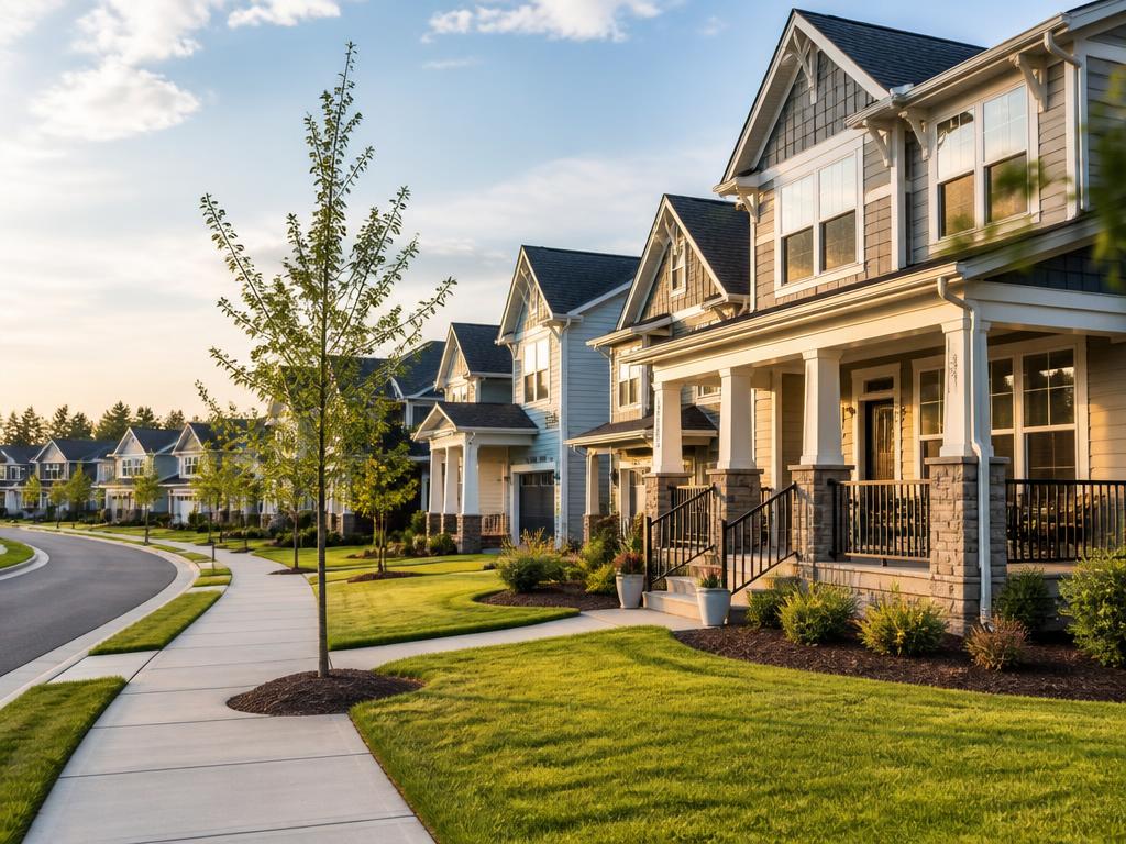 New Charlotte-area community street with modern craftsman homes, sidewalks and green lawns