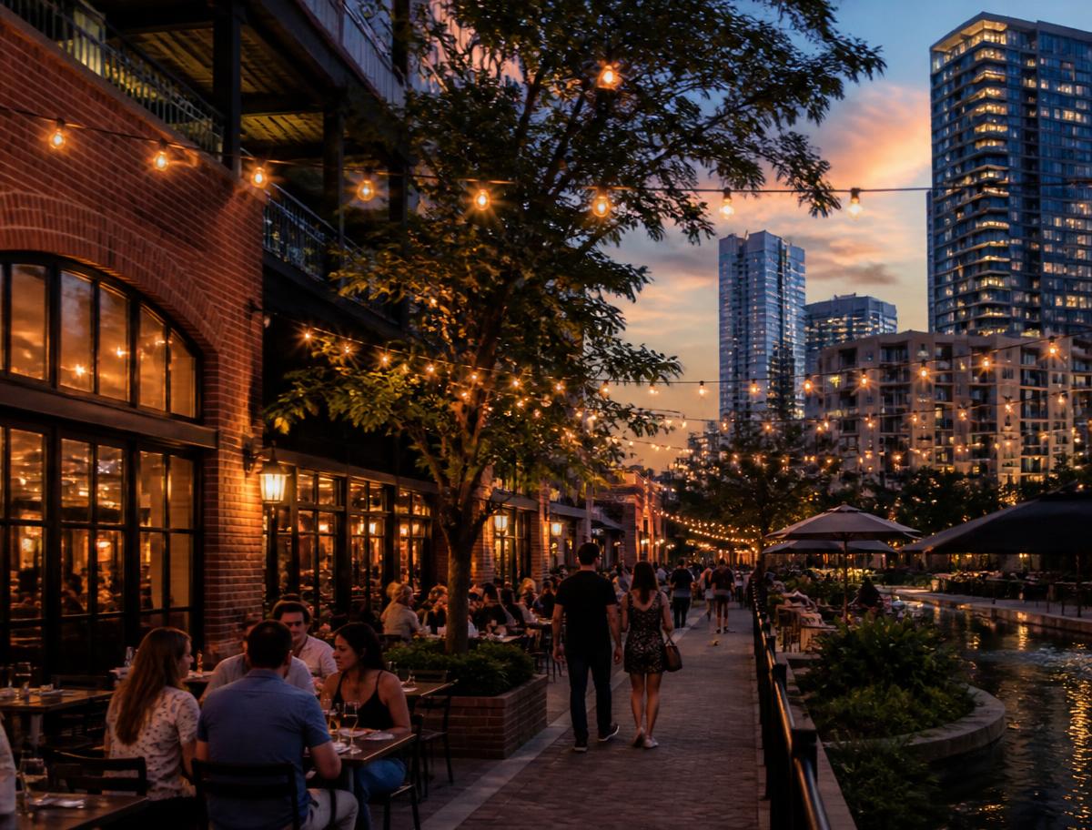 Texas urban district at dusk with patio dining and string lights