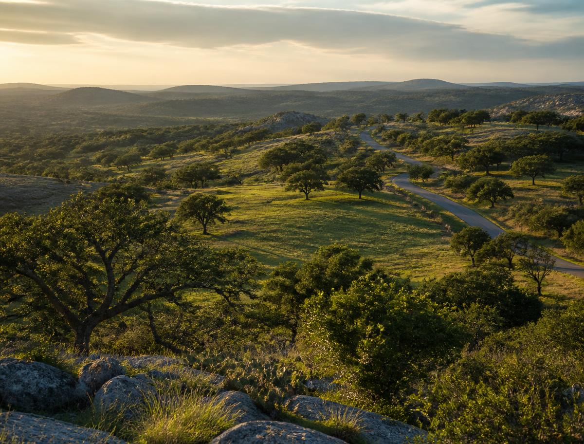 Texas Hill Country with live oaks, limestone and a winding road